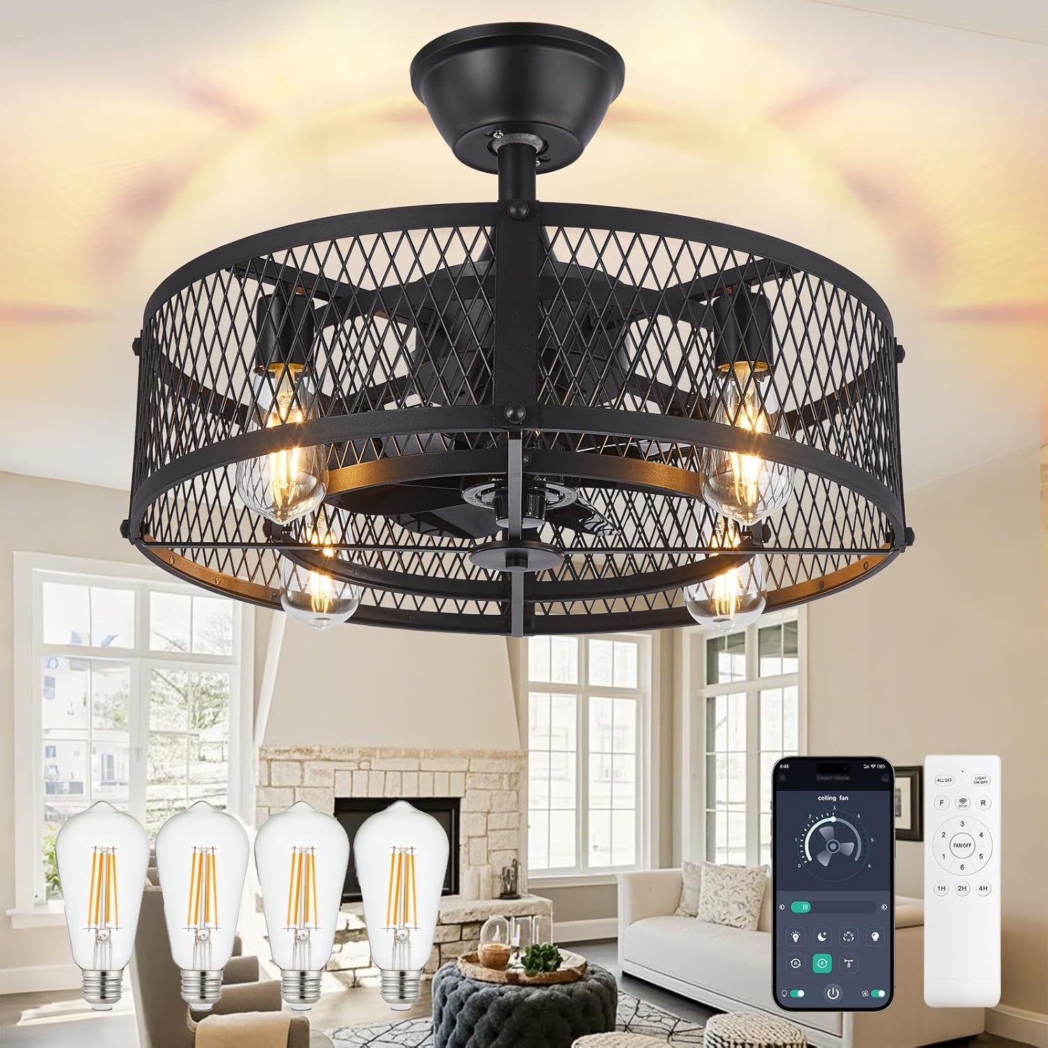 DLLT Caged Ceiling Fan with Light: 20" Farmhouse Fandelier with Light and Remote - Black Rustic Chandelier with Fan for Bedroon Kitchen Living Dining Room
