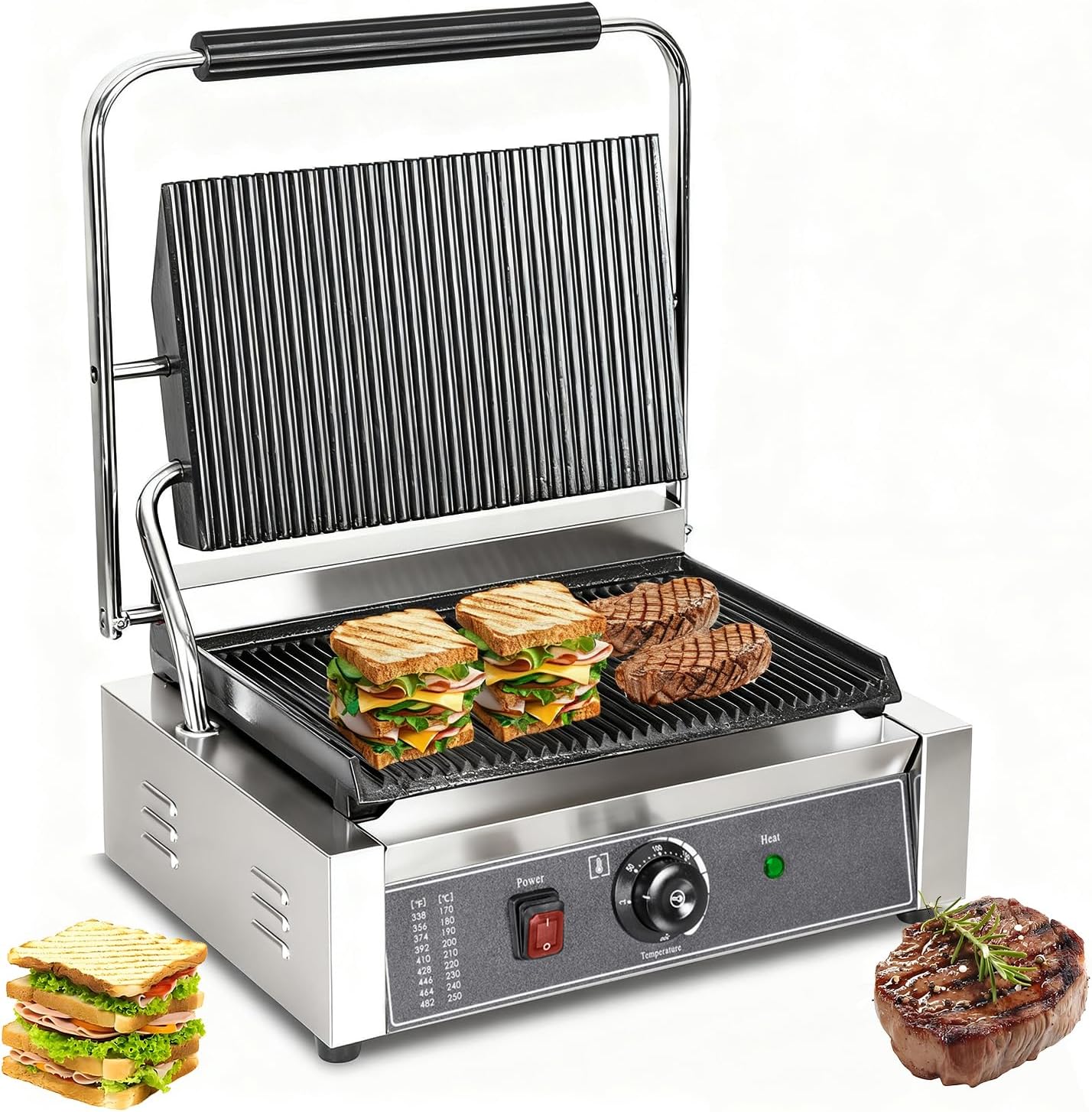 CTJ Commercial Panini Press Stainless Steel Electric Sandwich Panini Maker 2200W Countertop Panini Grill Press with Grooved Top & Temp Control for Sandwich Hamburger Steak Bacon