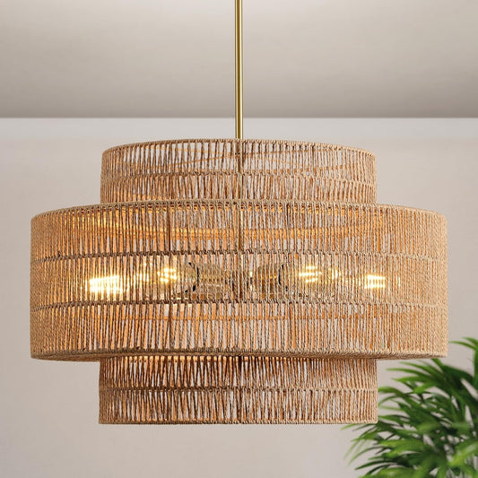 InterMaka 24\u201D Boho Large Rattan Chandelier Light Fixture,6-Light Large Hand Woven Pendant Light Fixture Farmhouse Rustic Chandeliers for Kitchen Bedroom, Dining Room, Living Room, Hallway, Foyer