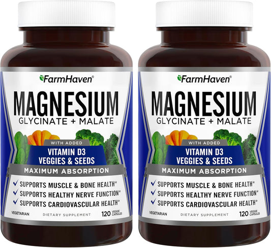 FarmHaven Magnesium Glycinate & Malate Complex w\/Vitamin D3, 100% Chelated for Max Absorption- Bone Health, Nerves, Muscles, 240 Capsules, 120 Days
