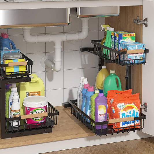 ADRIMER Under Sink Organizer 2 Packs, Pull Out Kitchen Sink Organizer, 2 Tier Slide Out Kitchen Organizers and Storage Bathroom Under Cabinet Storage Shelf, Black