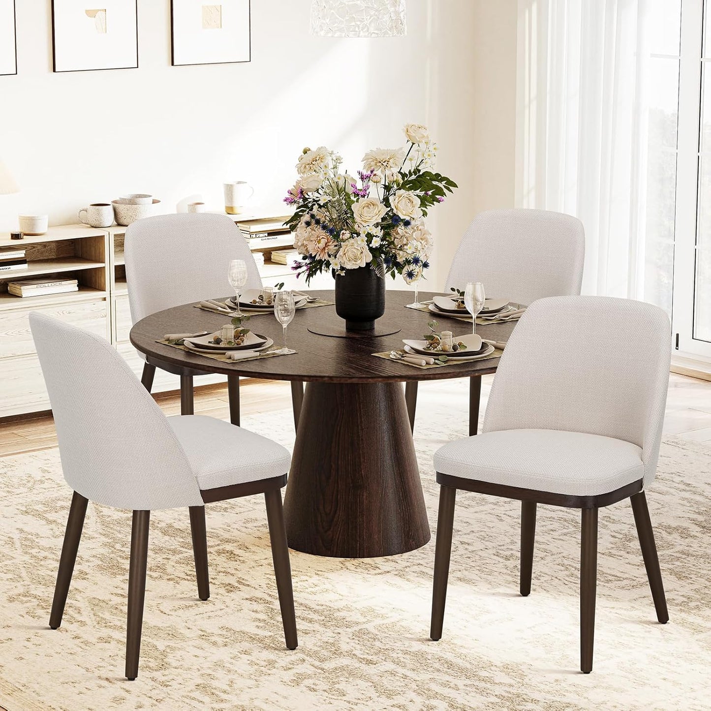 COLAMY Upholstered Dining Chairs Set of 4, Modern Kitchen Chairs with Back, Fabric Side Dining Room Chairs with Wood Legs for Kitchen Dining Room Restaurant, Beige