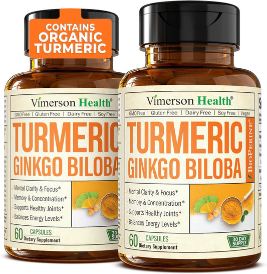 Turmeric Curcumin Supplement with Ginkgo Biloba & Black pepper \u2013 Natural Turmeric Supplement with Organic Tumeric for Joint Support, Brain Clarity, Focus & Memory \u2013 Vegan Ginko Biloba Capsules. 2 Pack