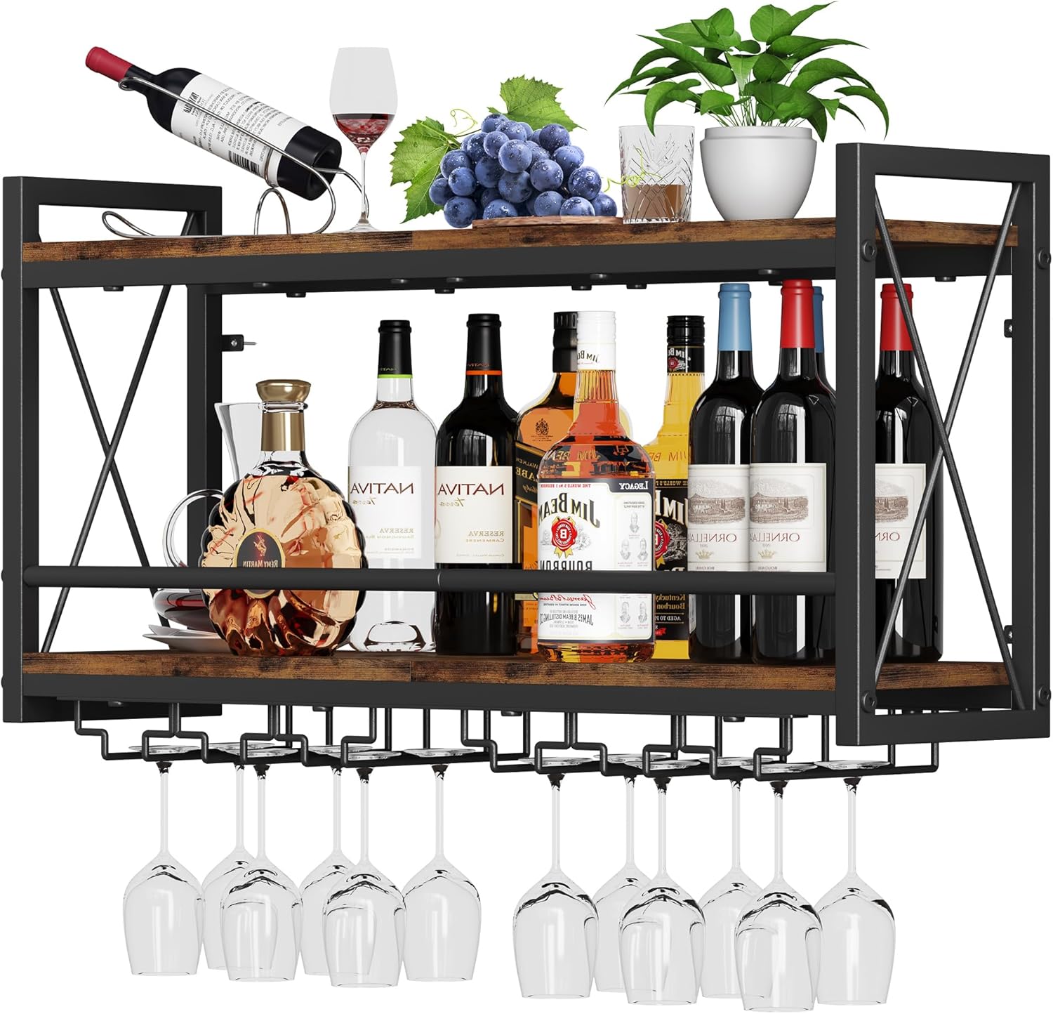 Homeiju Wall Mounted Wine Rack, Bottle & Glass Holder Wood-Metal Retro Wine Rack, Wine Bottles Display Wall Storage for Kitchen Dining Room Home Bar