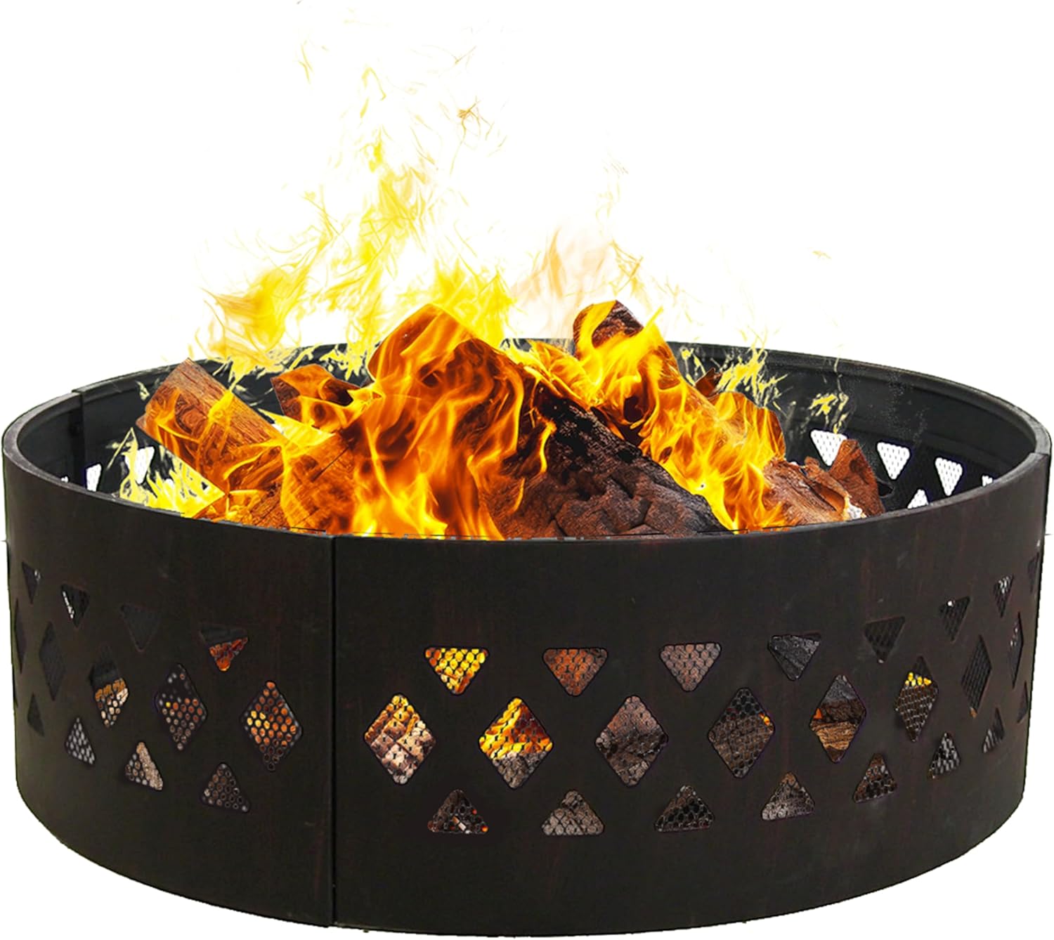 Sunnydaze 36-Inch Outdoor Fire Pit Ring with Poker - Round Heavy-Duty Steel Fire Ring for Camping or Backyard - Crossweave - 12" H