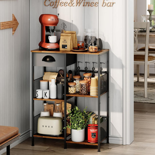 X-cosrack Farmhouse Small Coffee Bar with Drawer, 5-Layer Staggered Coffee Stand Station for Small Space, Rustic Bar Cabinet for Kitchen, Buffet Sideboard Cabinet for Living Room, Room Cafe