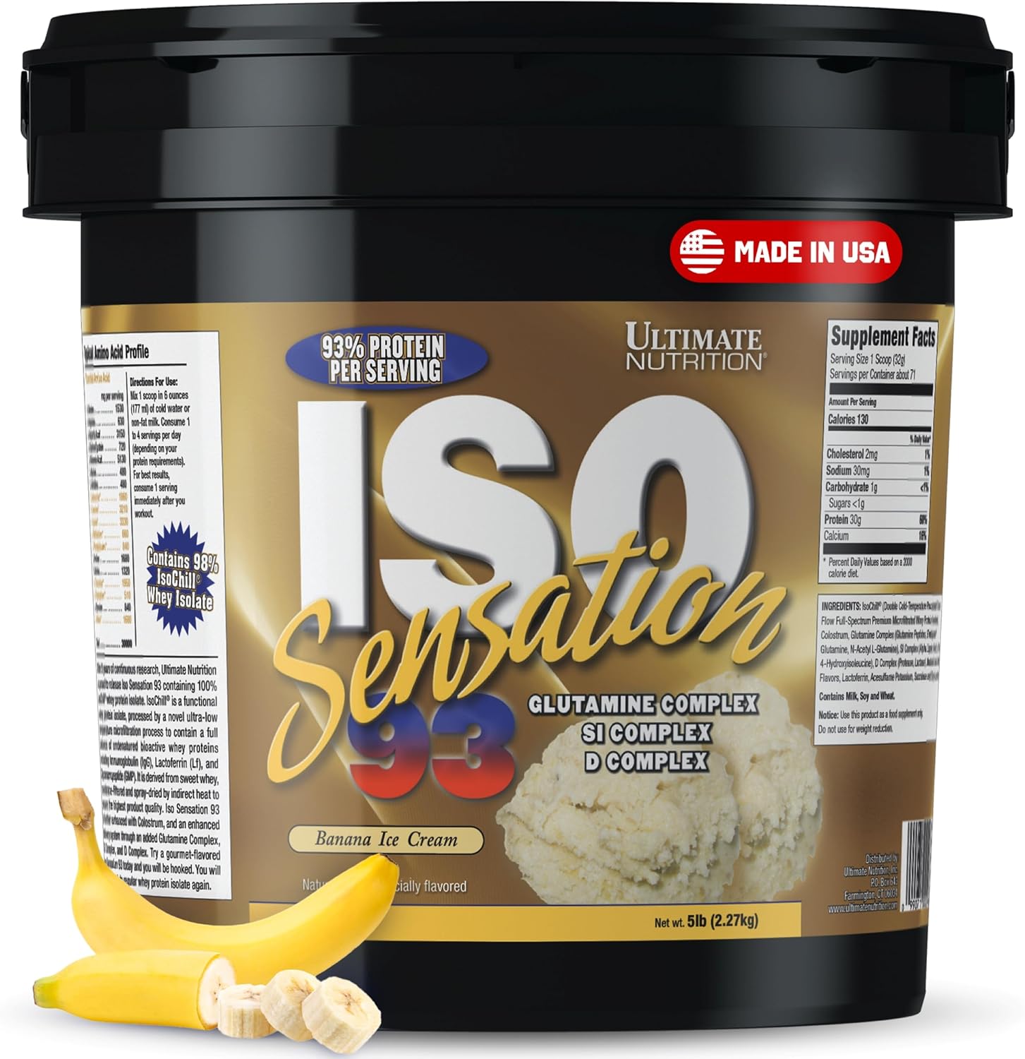 Ultimate Nutrition Whey Protein Isolate Powder with Glutamine Complex, ISO Sensation 93 - Whey Protein Powder with Added Colostrum for Enhanced Recovery, Immunity & Gut Health - Banana, 5lbs