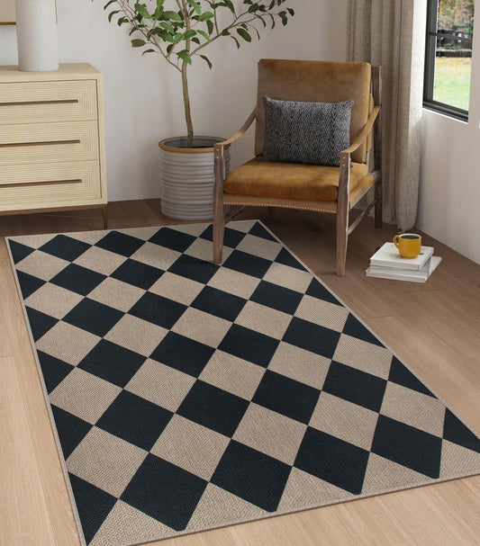 Rugalia Easy Jute Checkered Area Rug, 3x5 Indoor Outdoor Entryway Rug Washable Black Modern Diamond Kitchen Rugs, Non-Slip Neutral Farmhouse Throw Carpet for Living Room Patio Kids Room