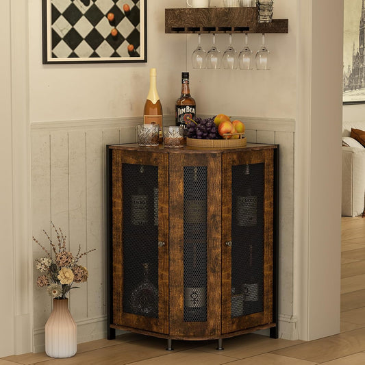 JKsmart Corner Storage Cabinet with Open Shelf, 3-Tier Industrial Wine Bar Shelf with Door, Industrial Corner Cabinet for Kitchen, Living Room, Dining Room, Rustic Brown