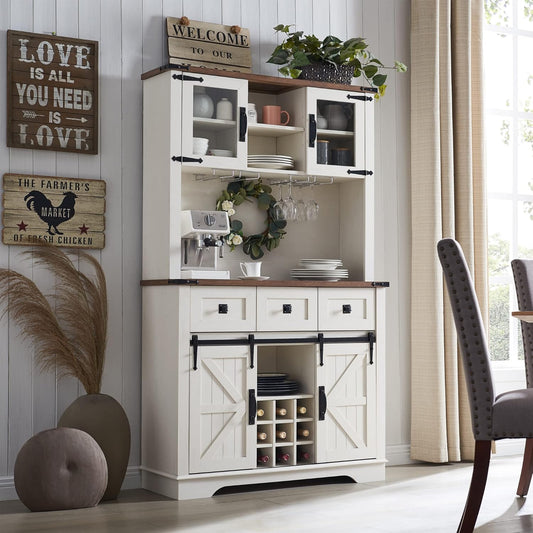 OKD 72" Farmhosue Bar Cabinet with Sliding Barn Door, Large Kitchen Buffet with Hutch w\/Wine & Glasses Rack, 3 Drawers, 12 Storage Shelves, Rustic Coffee Bar Sideboard Table, Antique White