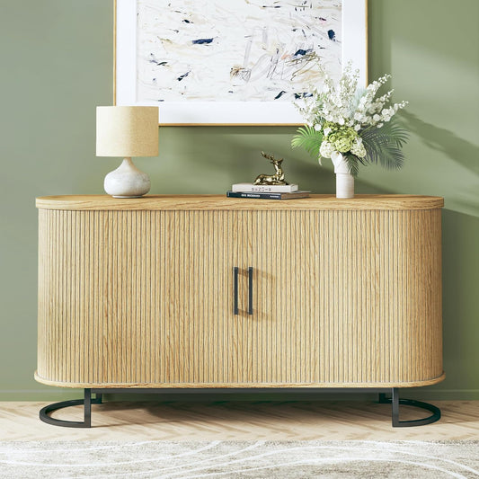 HUAHUU Sideboard Buffet Cabinet with Storage, 54.3" Fluted Tambour, Adjustable Shelves, Mid Century Modern Console for Living Room Kitchen