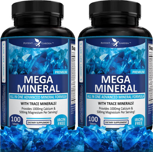 Potent Garden 2-Pack Mega Mineral Supplement Complete Mineral Complex with Calcium Magnesium Zinc Potassium Boron Selenium Chromium & 72 Trace Minerals Iron Free Calcium Supplement -200 Pills