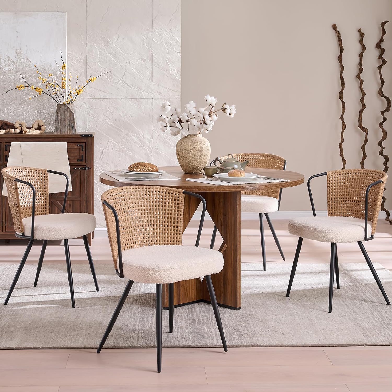 BedsPick Rattan Dining Chairs Set of 4 - Farmhouse Upholstered Cane Back Kitchen Chair with Boucle Cushion, Wingback Dining Room Seat with Metal Legs for Home, Kitchen (Brown)