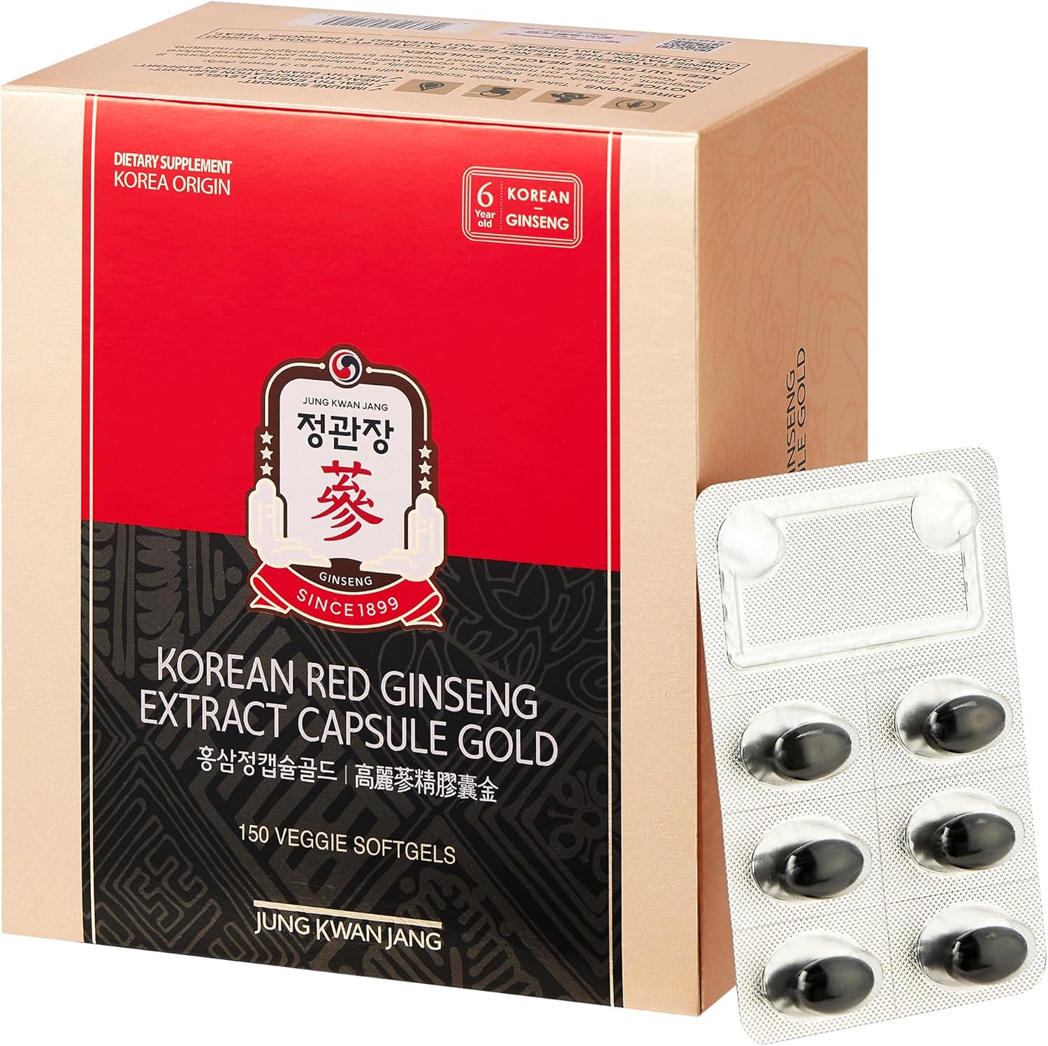 Korean Red Ginseng Extract Capsule Gold - Vegan Energy Supplements - Energy Boost & Immune Support, Caffeine Free & Non-GMO (600mg, 150 Capsules)