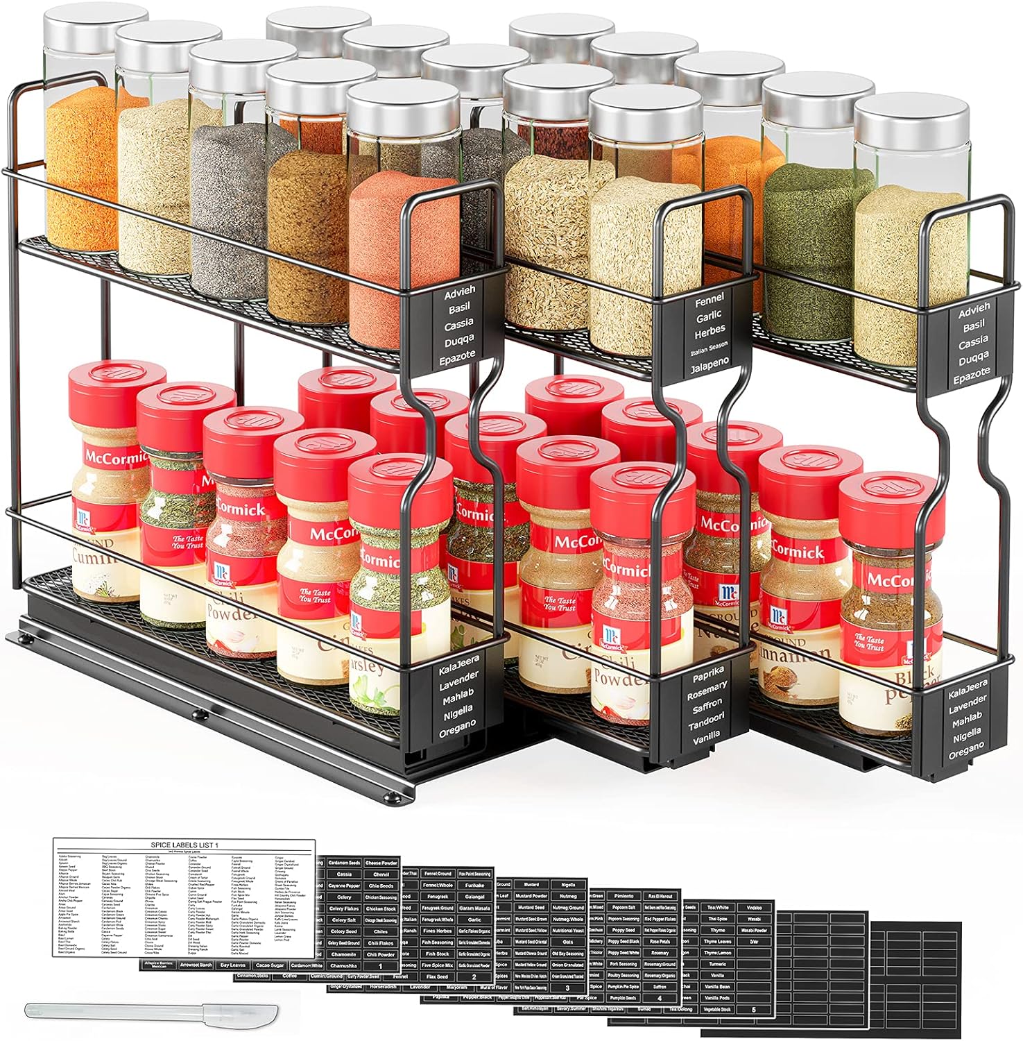 SpaceAid Pull Out Spice Rack Organizer for Cabinet, Heavy Duty Slide Out Seasoning Kitchen Organizer, Cabinet Organizer, with Labels, 7.7" W x10.75 D x10 H, 3 Drawers 2-Tier