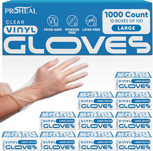 ProHeal Clear Vinyl Disposable Gloves - Food Safe Cooking and Household Cleaning Gloves -Powder and Latex Free Kitchen Glove
