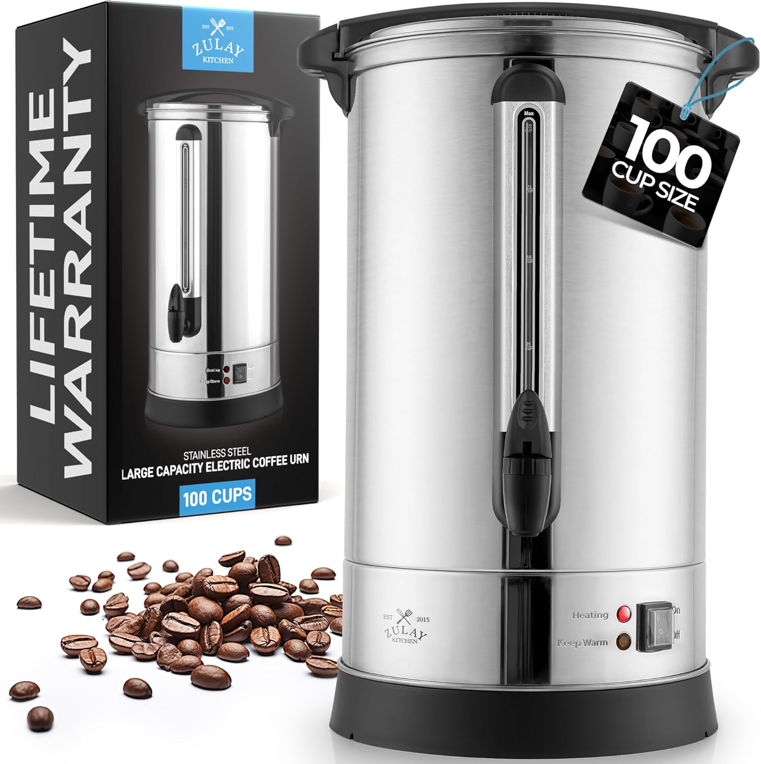 Zulay Commercial Coffee Maker Machine Urn - Large Percolator Pot Dispenser With Double-Wall Stainless Steel, Quick Brew, Stays Hot - Also for Water, Tea, Beverage at Events & Catering - 100 Cup Silver