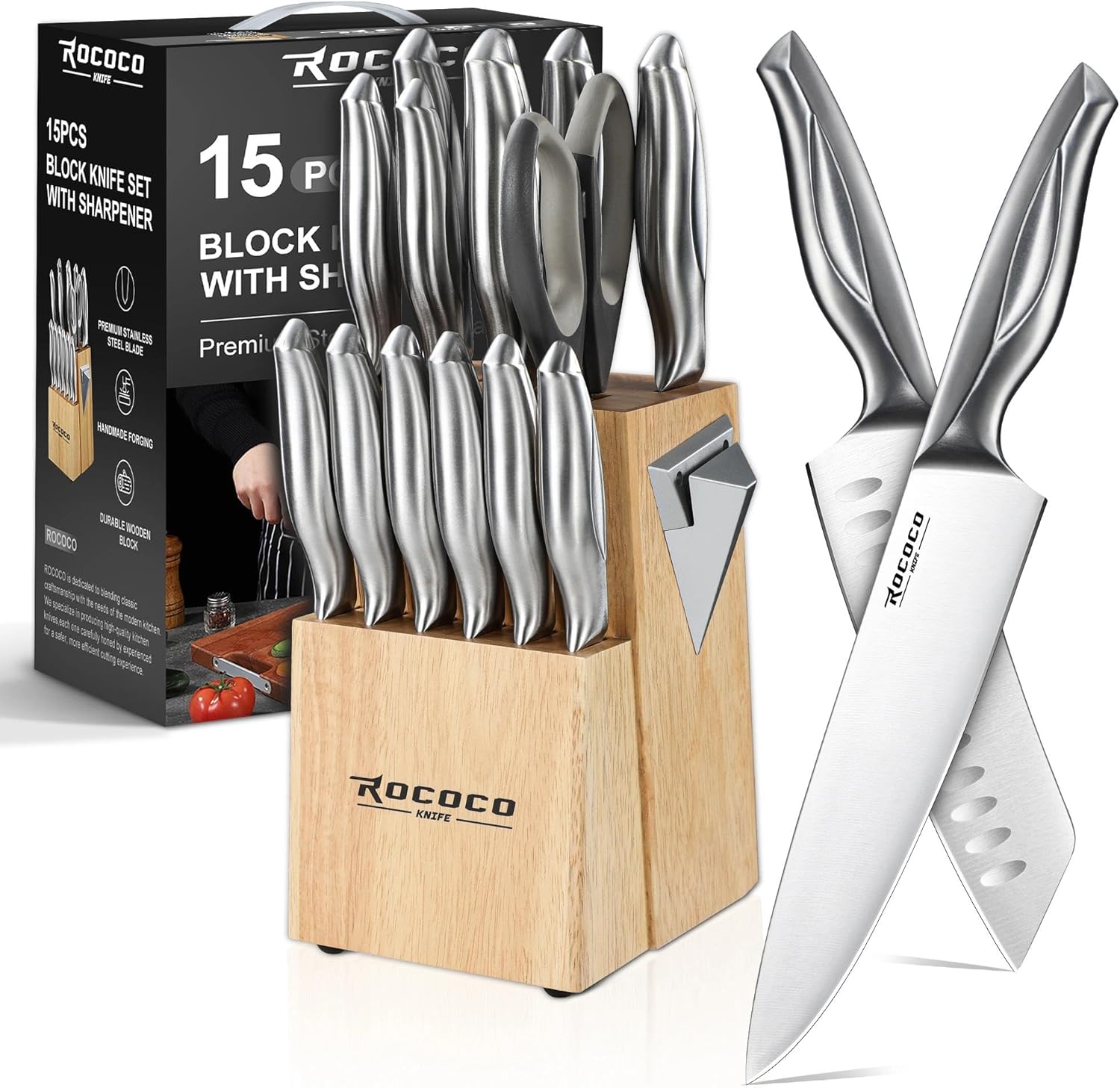 ROCOCO Kitchen Block Knife Set - 15 PCS Stainless Steel Knife Set with Block and Sharpener Dishwasher Safe Father Mother Birthday Christmas Gift