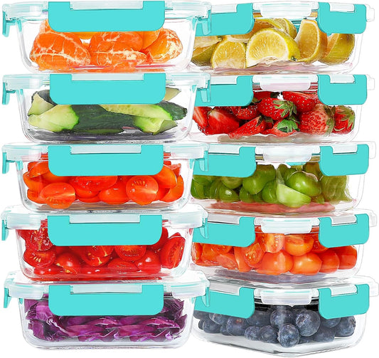 KOMUEE 10 Packs 22 oz Glass Meal Prep Containers, Glass Food Storage Containers with Lids, Airtight Lunch Boxes BPA Free, Microwave and Freezer Safe, Green