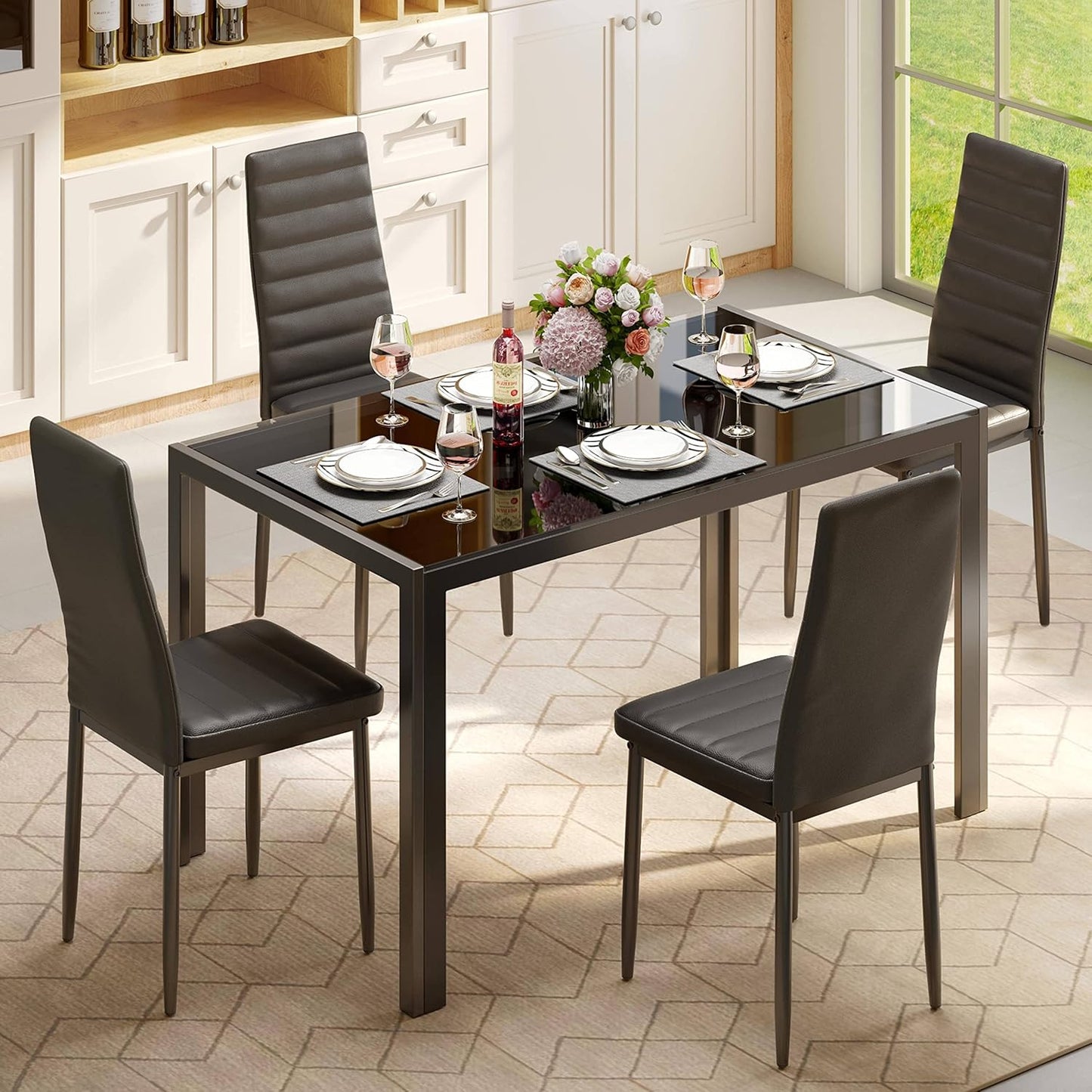 Gizoon 5 Piece Glass Dining Table Set, Kitchen and Chairs for 4, PU Leather Modern Room Sets for Home, Kitchen, Living Room