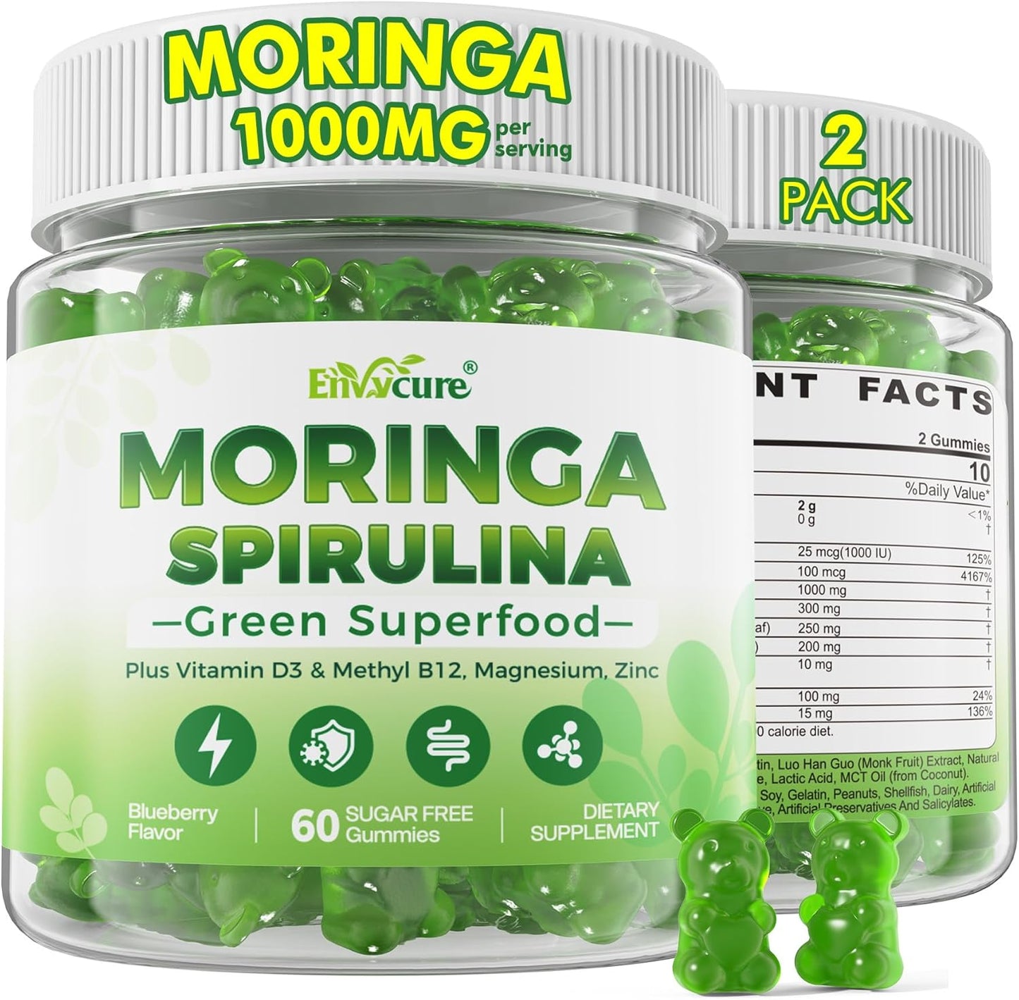 Organic Moringa Spirulina Gummies, Rich in Antioxidants, Essential Vitamins & Amino Acids, Pure Moringa Oleifera Leaves with Wheatgrass & Chlorella for Energy & Immunity, Green Superfood, 120 Cts