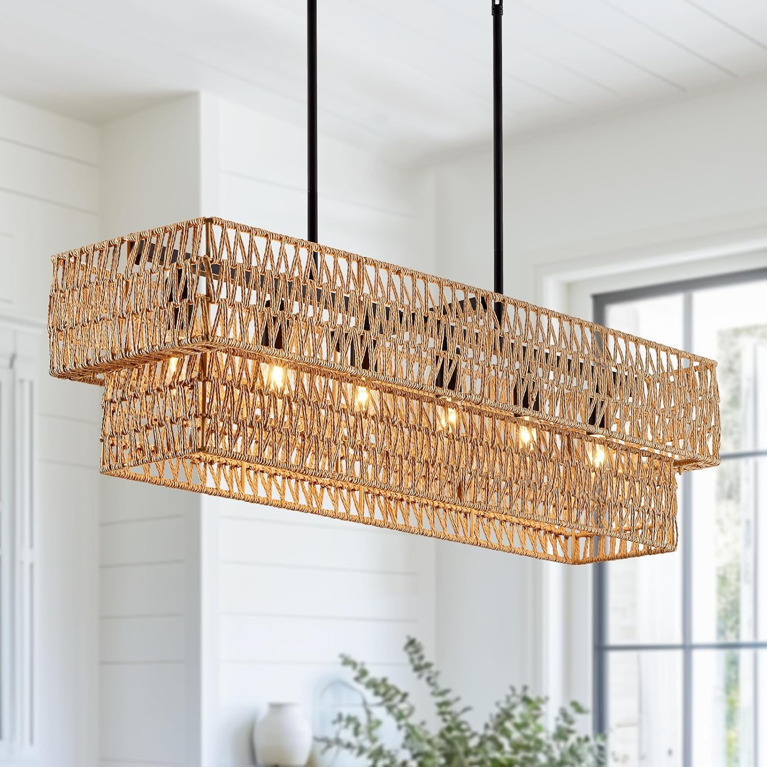 InterMaka 33.5\u201D Hand Woven Rattan 6-Light Chandeliers for Dining Room, 2 Layer Boho Linear Chandelier Rectangle Farmhouse Pendant Light Fixture for Kitchen Island Bar Living Room