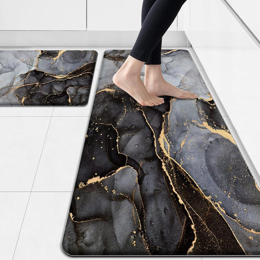 GulongYa Anti Fatigue Kitchen Mat Cushioned 2 Pieces Black Kitchen Rugs Non Slip Waterproof Kitchen Floor Mats Gold Kitchen Accessories Comfort Memory Foam Kitchen Mats for Floor Laundry Room