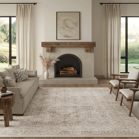 FMFUNCTEX 8x10 Washable Area Rug Beige Vintage Neutral Distressed Large Non Slip Carpet for Living Room Bedroom Soft Low Pile Indoor Mat Retro Floral Throw Rug for Dining Room Kitchen Office Nursery