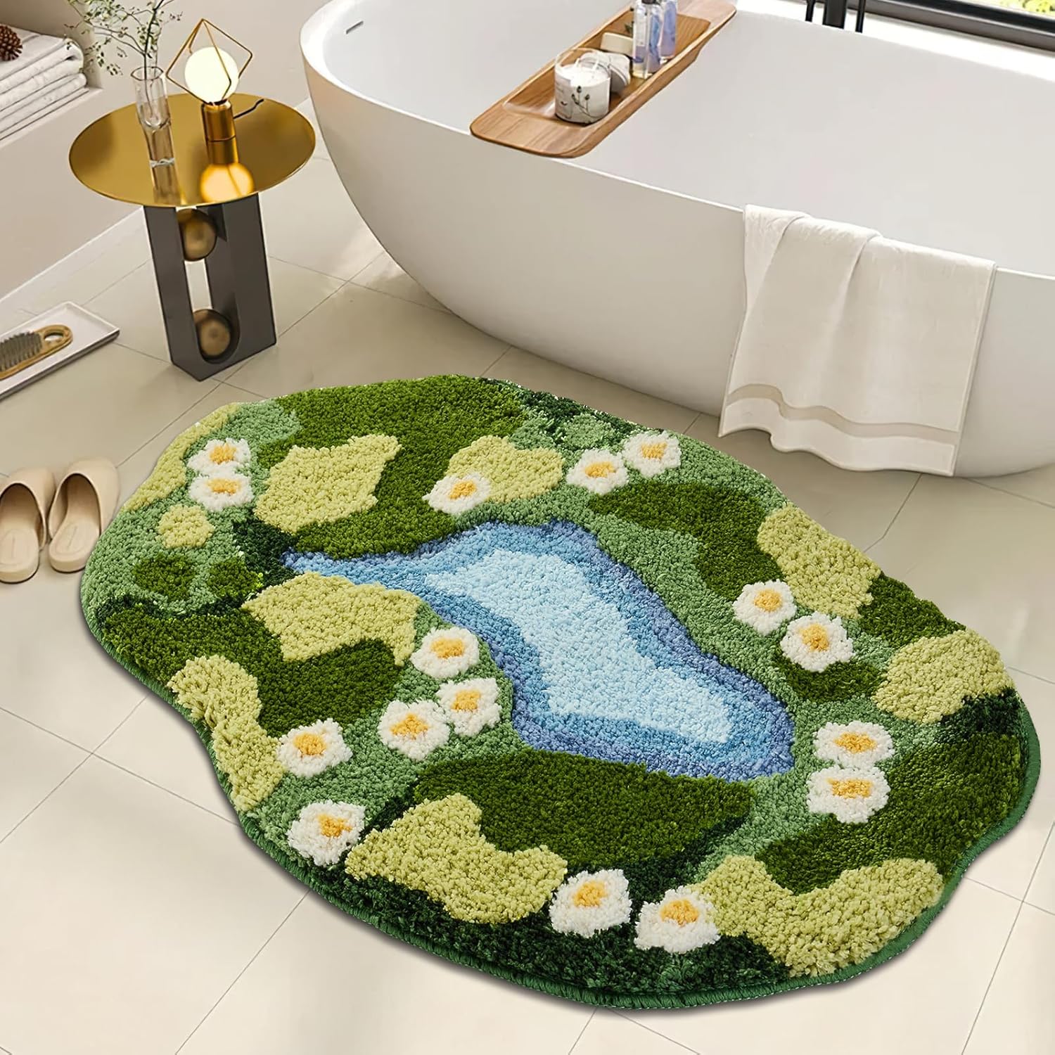 Sisher Cute Green Floral Area Rugs,Moss Bath Mat Soft Absorbent Bath mat Boho Bathroom Decor Moss Rugs for Bedroom and Kitchen Non Slip 3D Rug 31"×21"