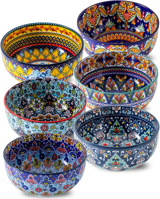 glowworm Cereal Bowls Set of 6, 26 Oz Ceramic Soup Bowls for Kitchen, Colorful Cereal Bowls for Rice, Oatmeal, Fruit, Ice Cream, Dessert, Dishwasher & Microwave safe, Bohemian