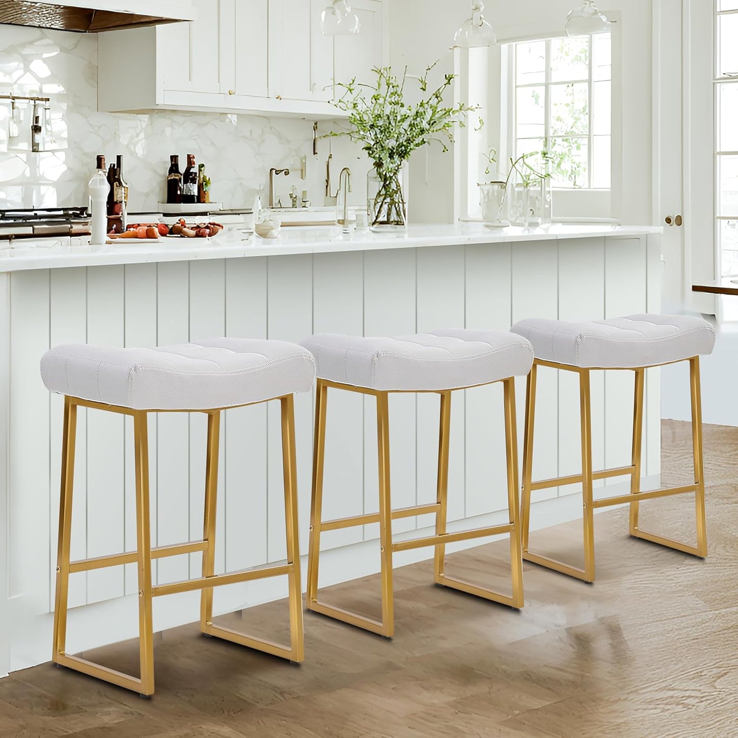 RNKSFX White & Gold Counter Height Bar Stools Set of 3 for Kitchen Counter Modern Backless Barstools with Upholstered Faux Leather Seat and Metal Frame Industrial 24 inch Bar Chairs