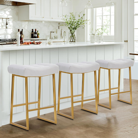RNKSFX White & Gold Counter Height Bar Stools Set of 3 for Kitchen Counter Modern Backless Barstools with Upholstered Faux Leather Seat and Metal Frame Industrial 24 inch Bar Chairs