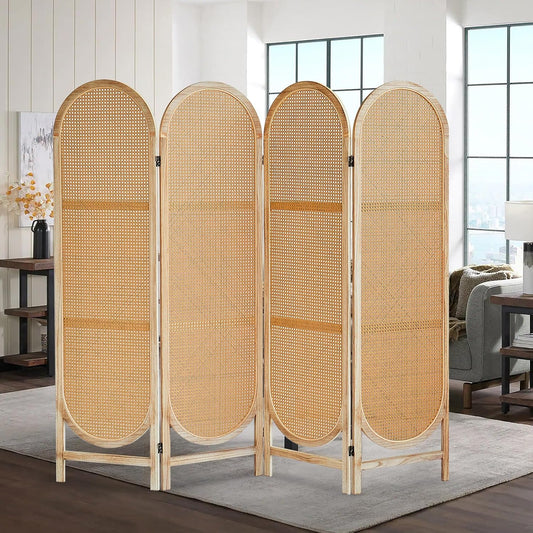 ALeesing 4 Panels Room Dividers Panel, Hand-Woven Rattan Room Divider Wall, Wood Room Divider and Folding Privacy Screens, Freestanding Room Partitions Screen for Home Office Bedroom, Light Brown