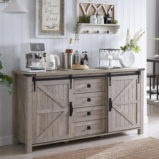 T4TREAM Farmhouse Sideboard Buffet Cabinet with Storage, 60" Large Kitchen Cabinet w\/Sliding Barn Doors and 4 Drawers, 31.2'' Tall Rustic Wood Coffee Bar Table for Dining Room, Light Rustic Oak