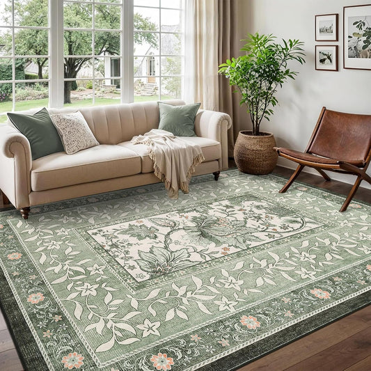 GarveeHome Provence 5x7 Area Rugs, Botanical Grove Sage Green Vintage Cottagecore Non-Slip Washable Rug for Living Room Bedroom Nursery Kitchen Low-Pile Retro Carpet
