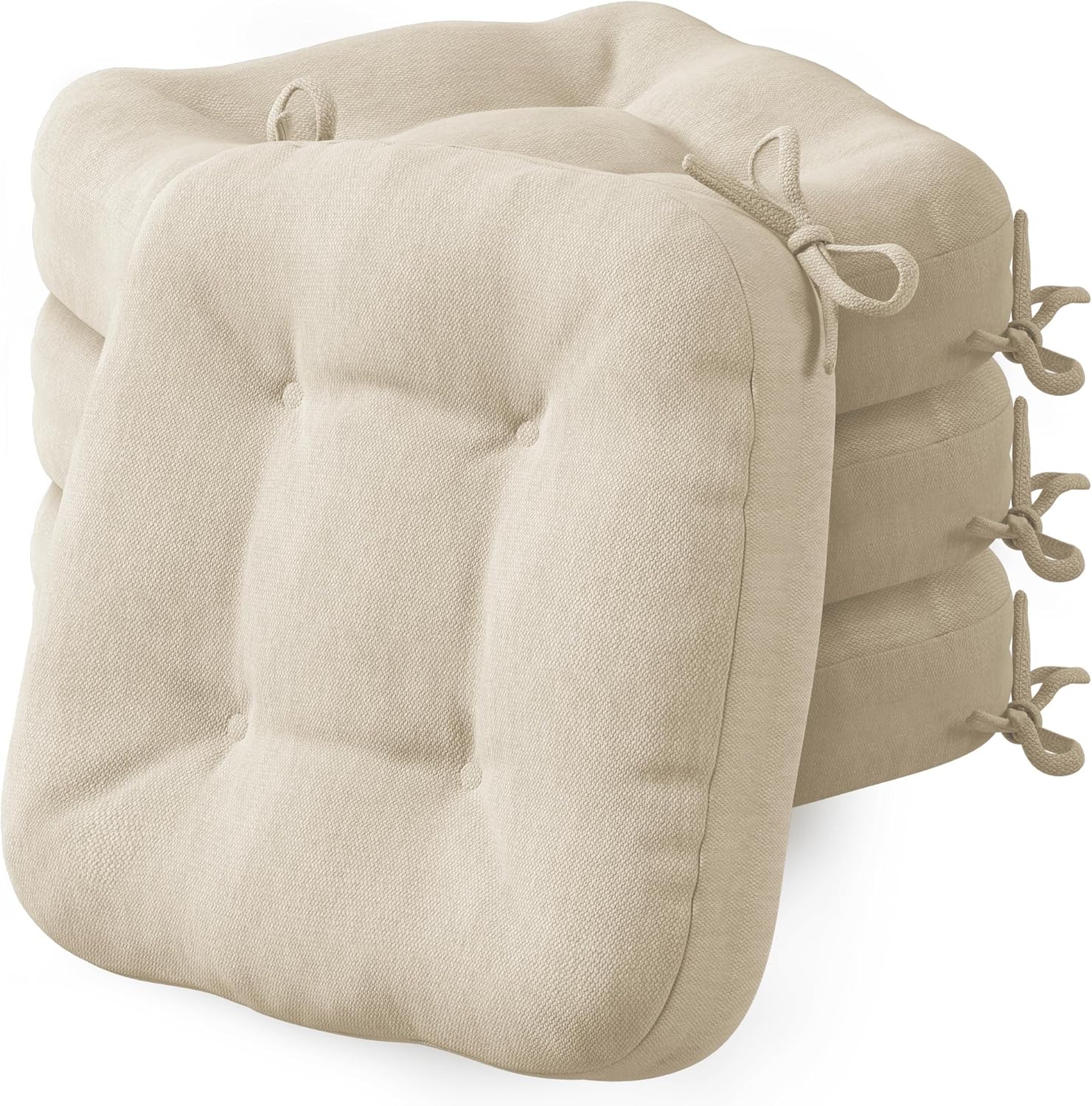 Codi Dining Chair Cushions 4 Pack, Thick Chairs Pads for Indoor Kitchen Room - Washable, Non-Slip Seat Cushion with Ties, 16.5"x16.5"x 3.5", Set of 4, Beige