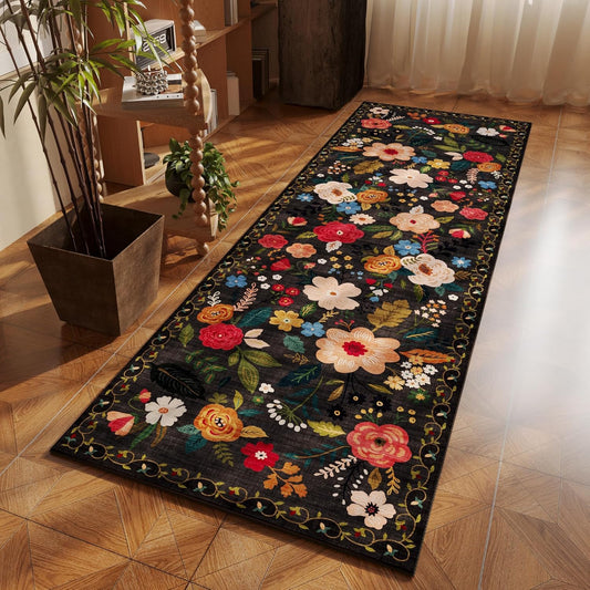 Rugcomf Runner Rug for Hallways Kitchen Rug Non Slip 2'6''x8' Washable Runner Rugs with Rubber Backing Soft Floral Carpet Runner for Hallways, Kitchen, Laundry, Bedroom, Bathroom(Black)