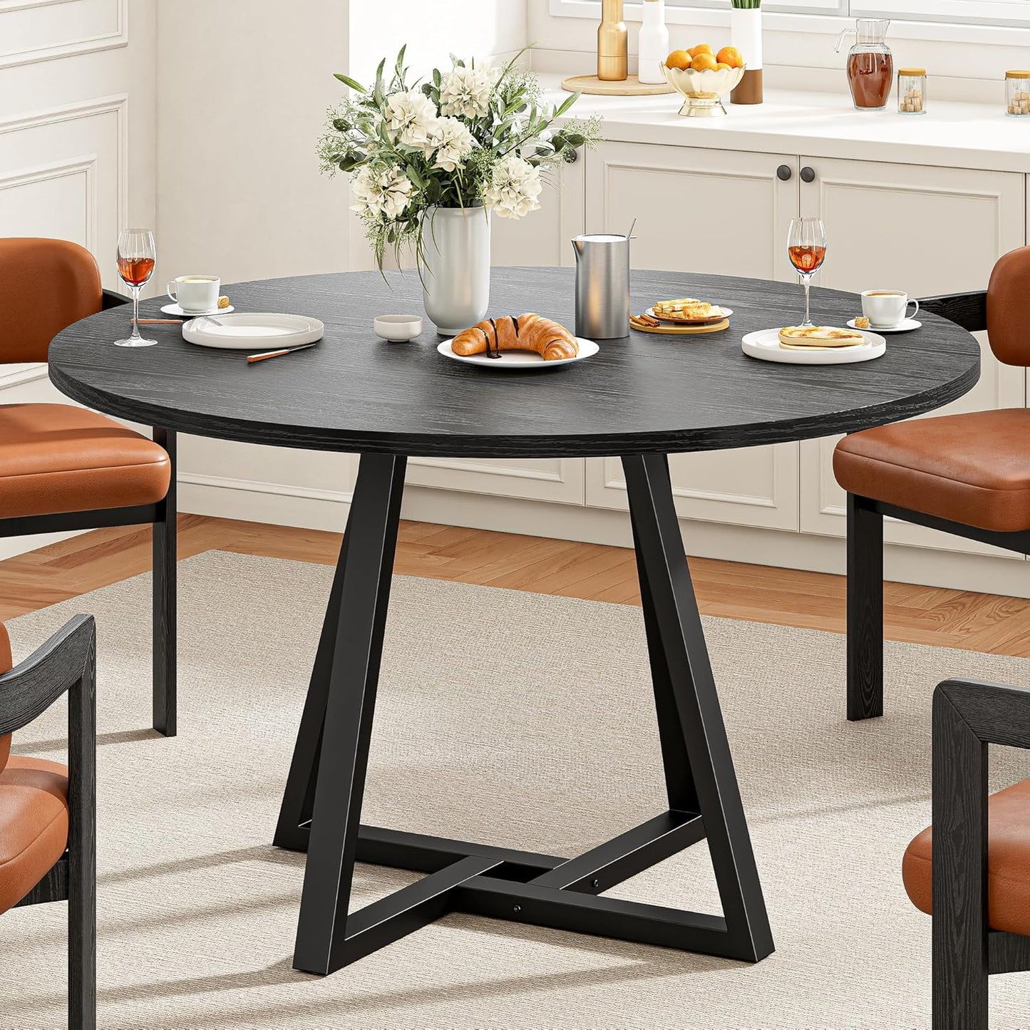 IRONCK 43" Round Dining Table for 4, Wood Kitchen Table with Metal Base, Space Saving Industrial Circle Dinner Table for Kitchen Dining Room, Black