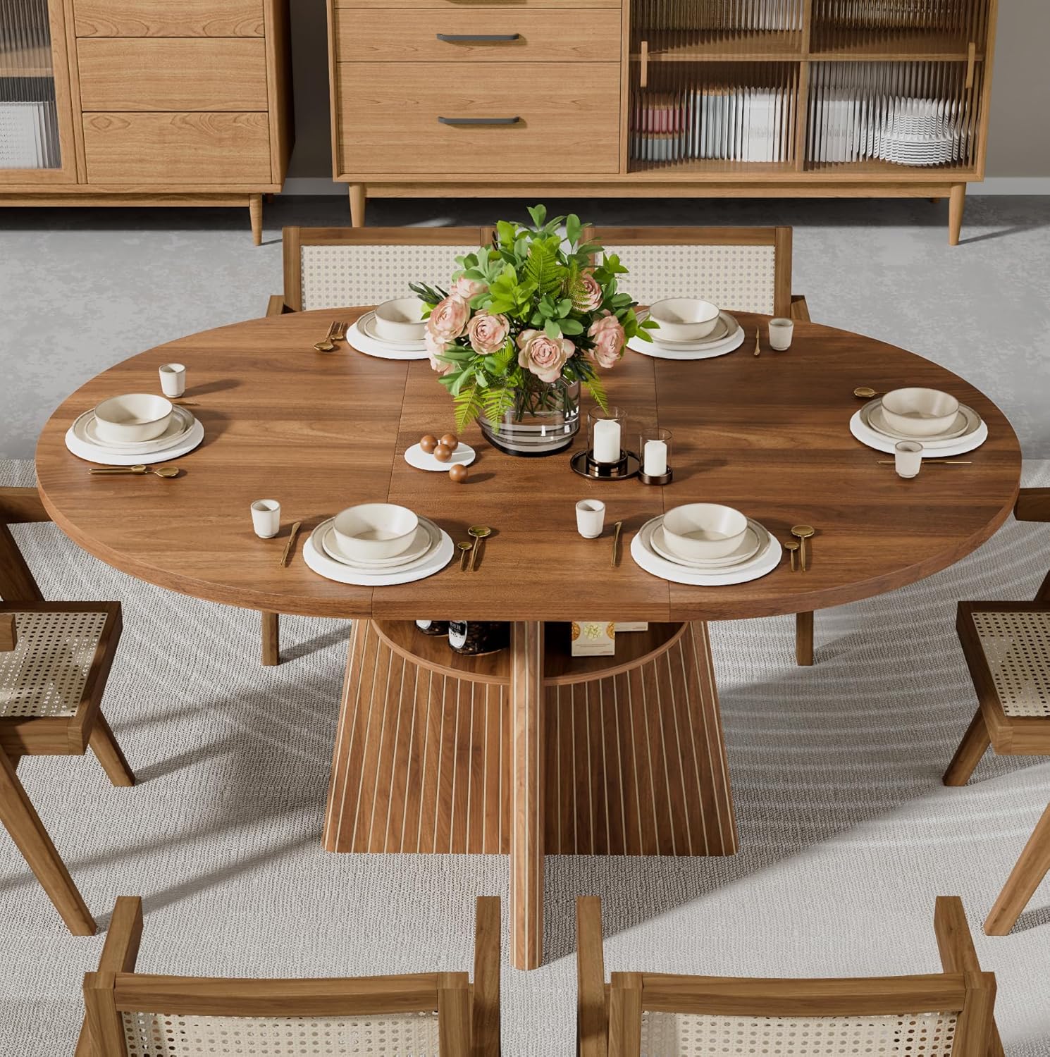 43.3in-59in Extendable Dining Room Table for 4-8, Round Expandable Kitchen Table with Fluted Base, Modern Oval Dinner Tables with 4 Storage Shelves for Kitchen Living Room (Walnut, 43.3in)