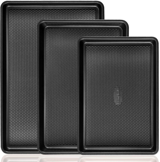 Cookie Sheets for Baking Nonstick - HONGBAKE Baking Sheet Pan Set of 3, Half\/Quarter\/Jelly Roll Pan for Oven with Diamond Texture Pattern, 57% Thicker Carbon Steel Cookie Trays, Dark Grey