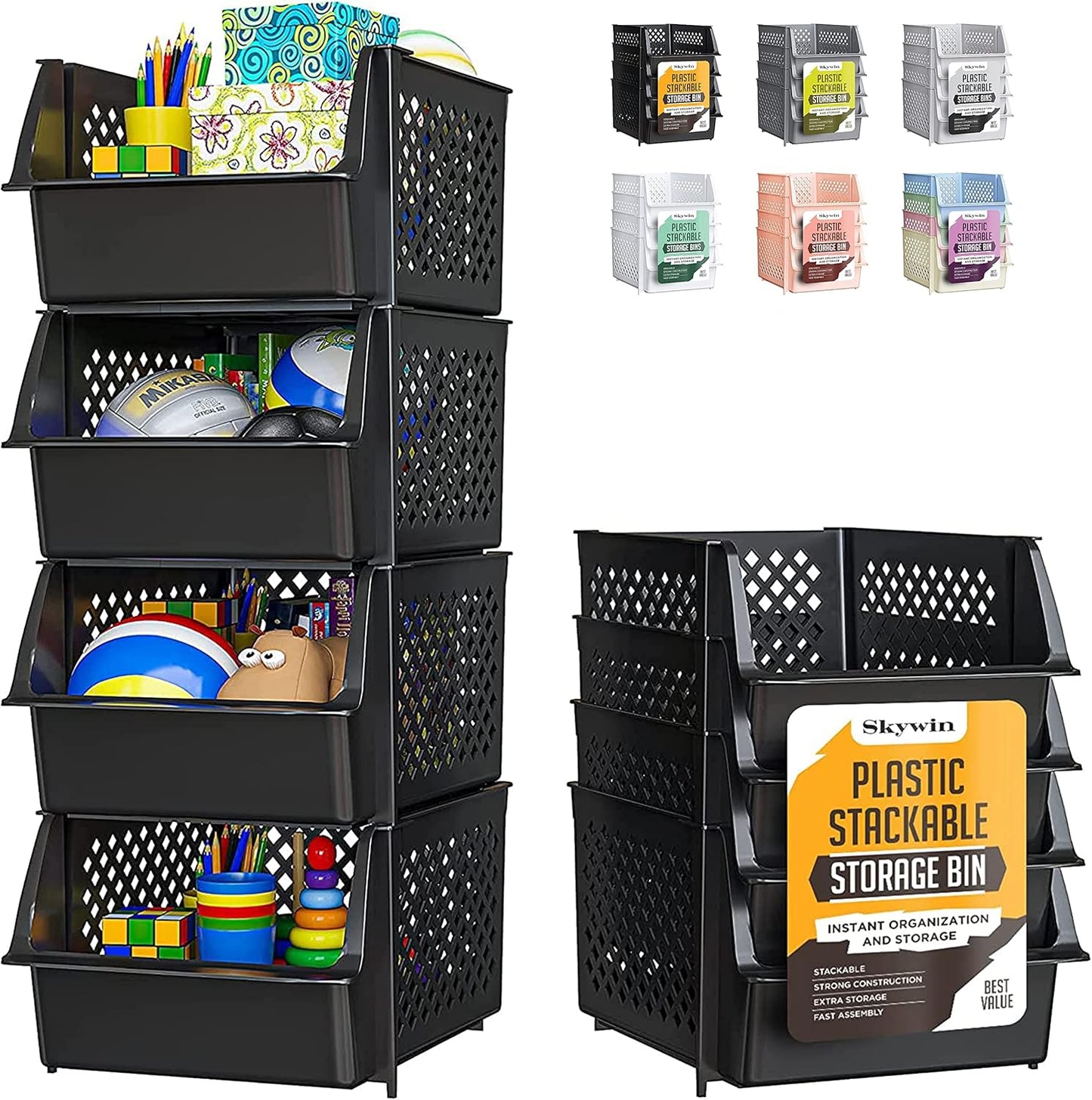 Skywin TidyFriend Stackable Storage Bins for Pantry Organizers and Storage 4 Pack, Pantry Storage for Food, Kitchen and Home Organization (Black