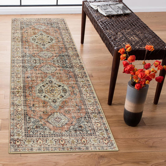 Lahome Oriental Washable Runner Rug, 2x6 Runner Rugs for Hallway Kitchen, Ultra-Thin Distressed Vintage Soft Long Carpet for Bathroom Bedroom Laundry Room, Peach\/Orange