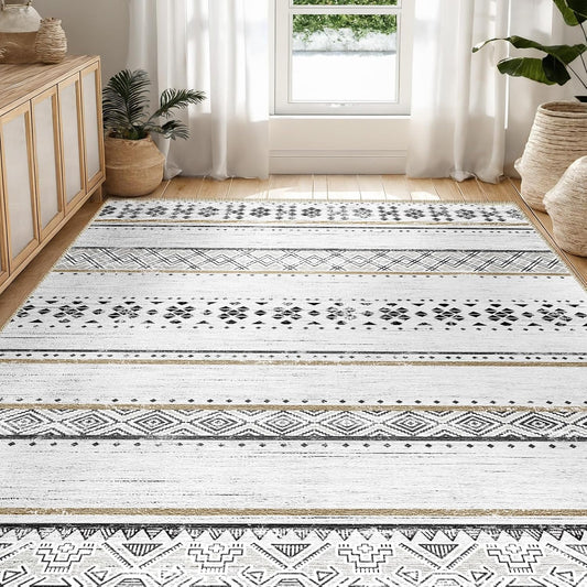 BESTSWEETIE 5x7 Area Rugs for Living Room Washable Moroccan Farmhouse Neutral Geometric Low Pile Non-Slip Soft Print Pattern Rug for Bedroom Kitchen Dining Room Entryway Black\/Brown