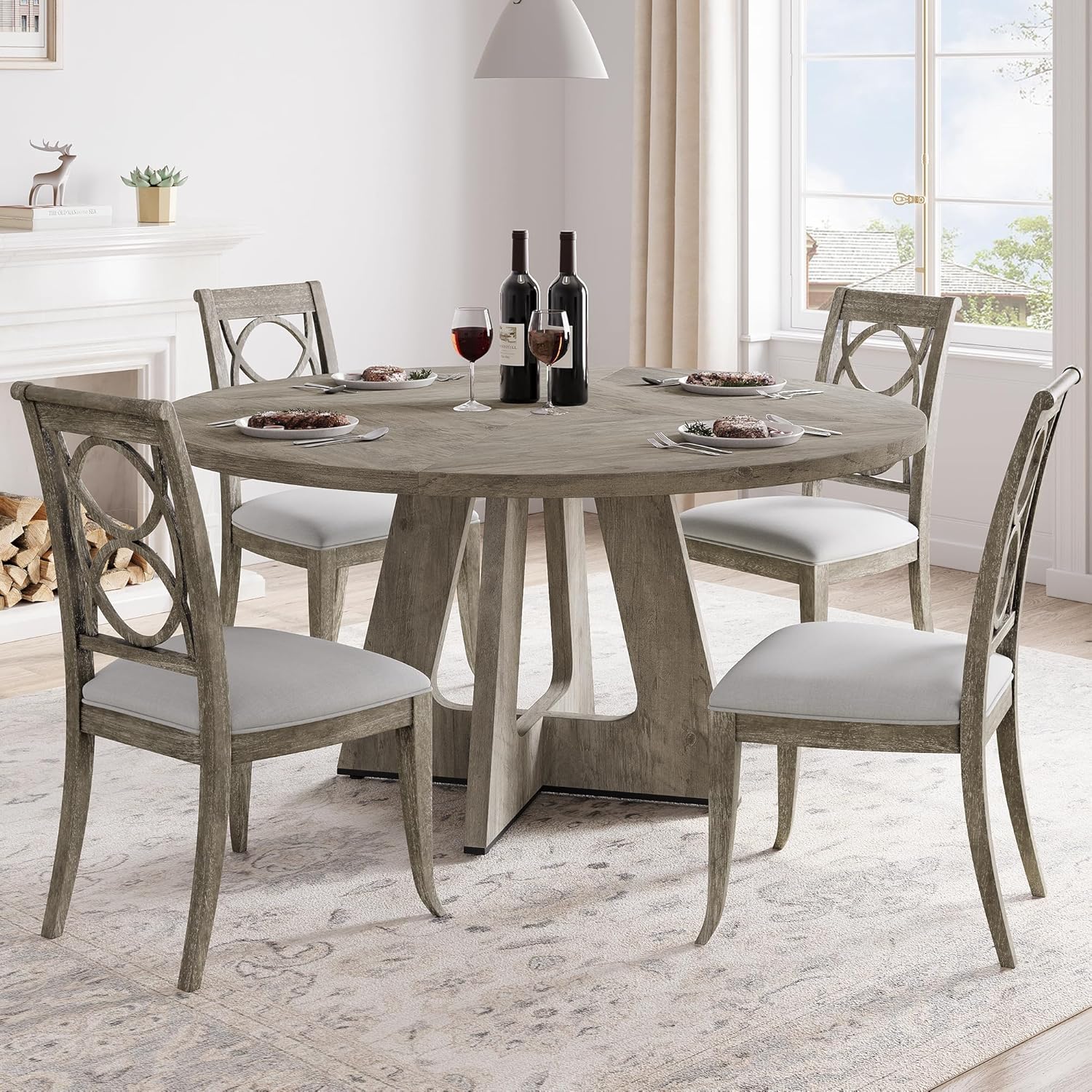 Round Dining Table, 47 Inch Round Dinner Table for 4, Farmhouse Kitchen Table with Wooden Pedestal Base for Home Dining Room or Living Room （No Chairs）- Grey