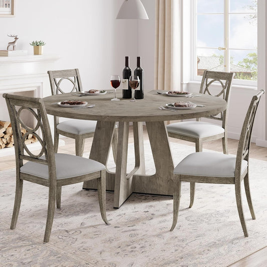 Round Dining Table, 47 Inch Round Dinner Table for 4, Farmhouse Kitchen Table with Wooden Pedestal Base for Home Dining Room or Living Room （No Chairs）- Grey