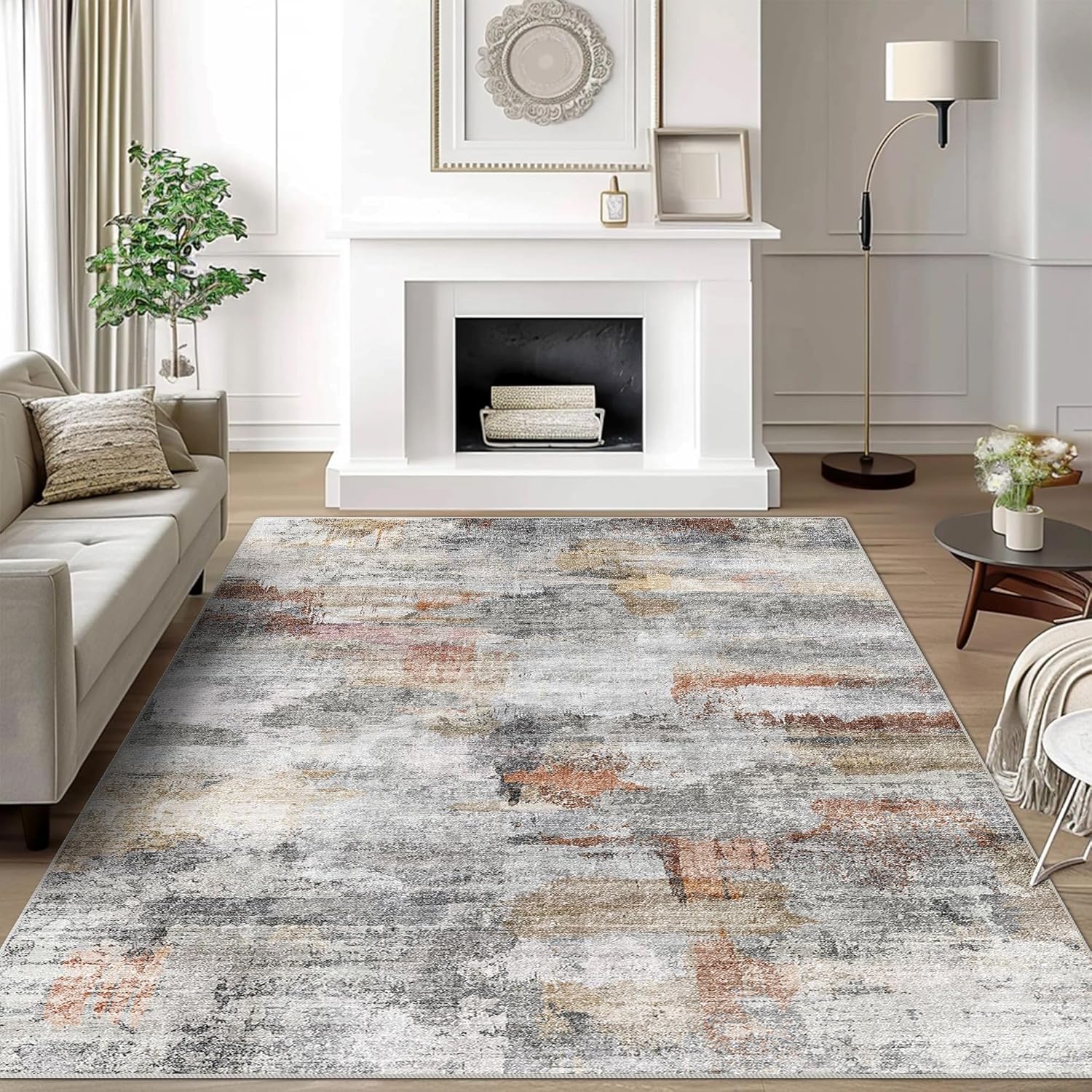 vivorug 5x7 Area Rugs - Ultra-Thin Washable Rug with Non-Slip Backing, Ideal for Living Room, Bedroom, Kitchen Floor Carpet - Modern Abstract, Easy Clean, Durable, Low Pile Gray\/Rust