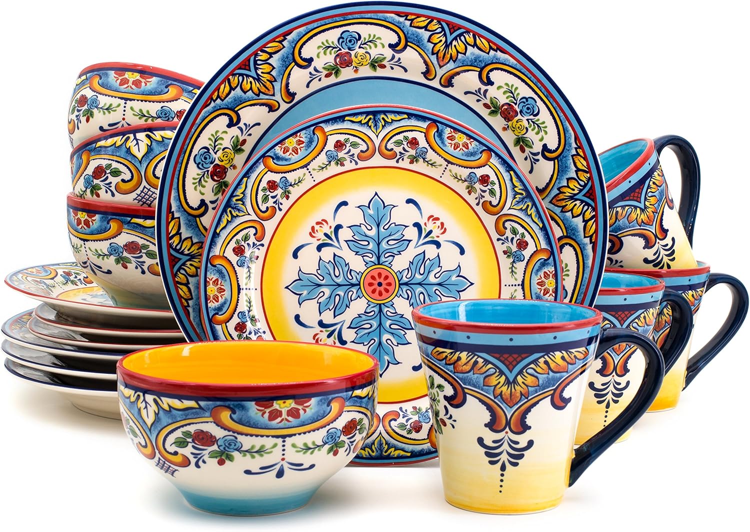 Euro Ceramica Zanzibar Collection 16 Piece Dinnerware Set Kitchen and Dining, Service for 4, Spanish Floral Design, Multicolor, Blue and Yellow