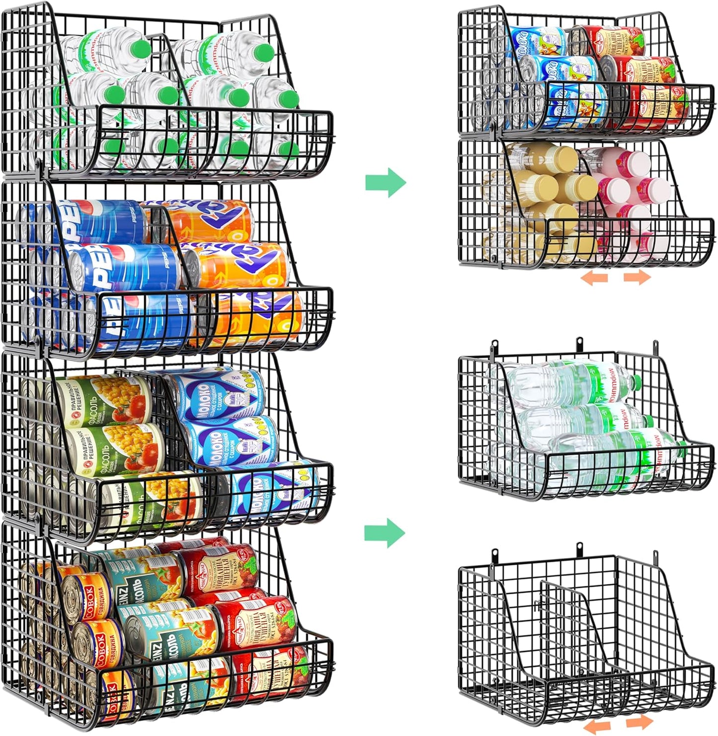Stackable Soda Can Organizer Stores Up to 72 Cans, 4-Pack Can Storage Organizer for Pantry Shelves, 4-Tier Kitchen Can Holders with 4 Adjustable Dividers, Wire Drink Organizer for Pantry Cabinet Shelf