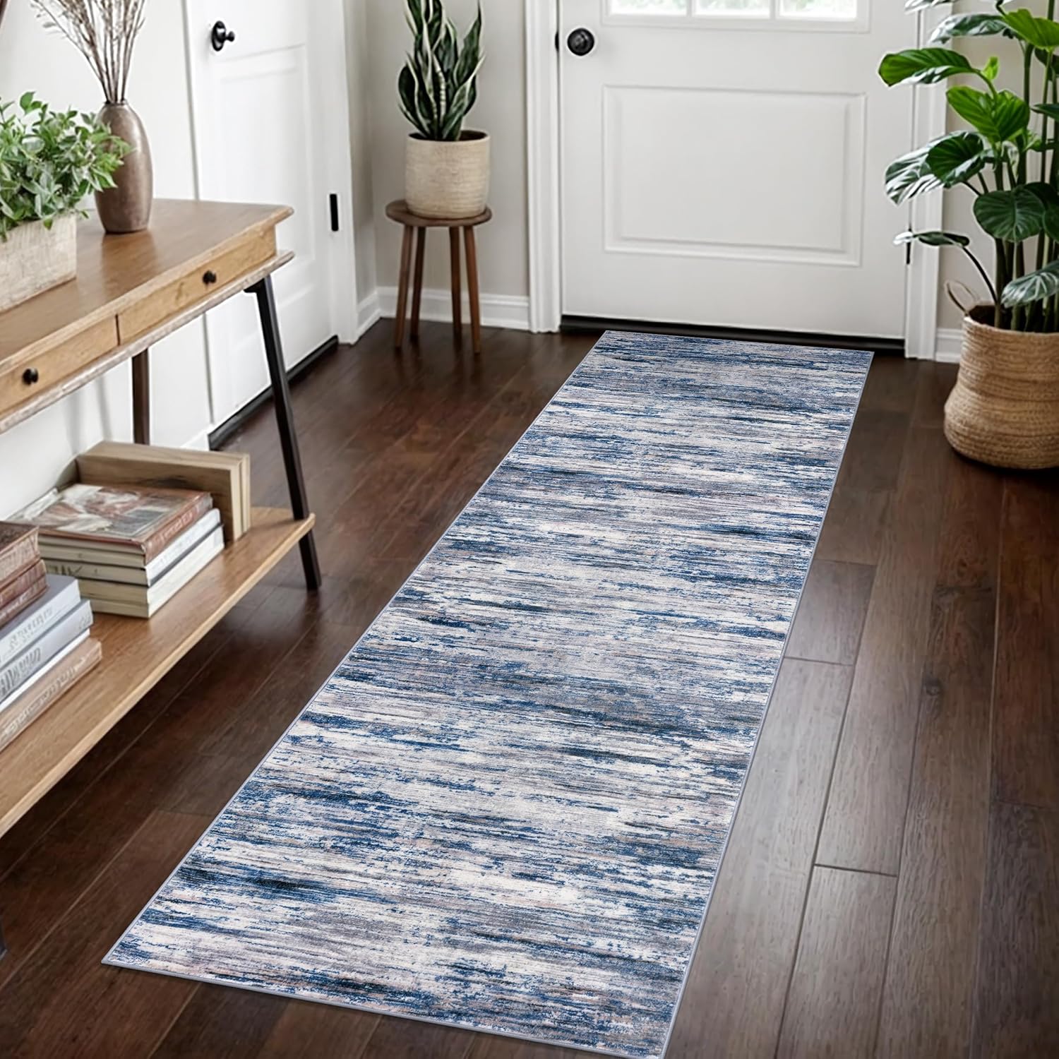 SIILOOM 2x7 Navy Blue Gray Neutral Multi Modern Abstract Runner Rug for Hallways, Super Soft Hallway Decor Kitchen Rugs with Non-Slip, Non-Shedding Washable Rug for Hallways Entryway Bedroom Indoor