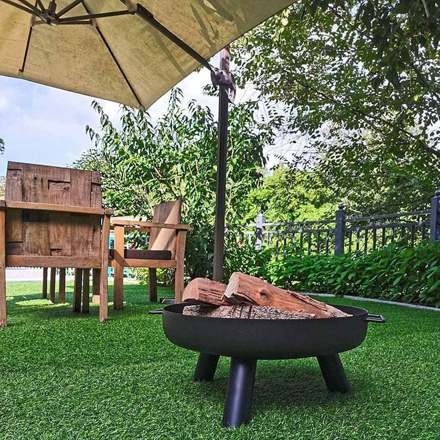 Metal Fire Pit w/Handles, Outdoor Fire Bowl, Garden Patio Heater Bowl, Wood & Charcoa Burning Heating Basin, Smokeless BBQ Grill, Bonfire Stove Fire Pit